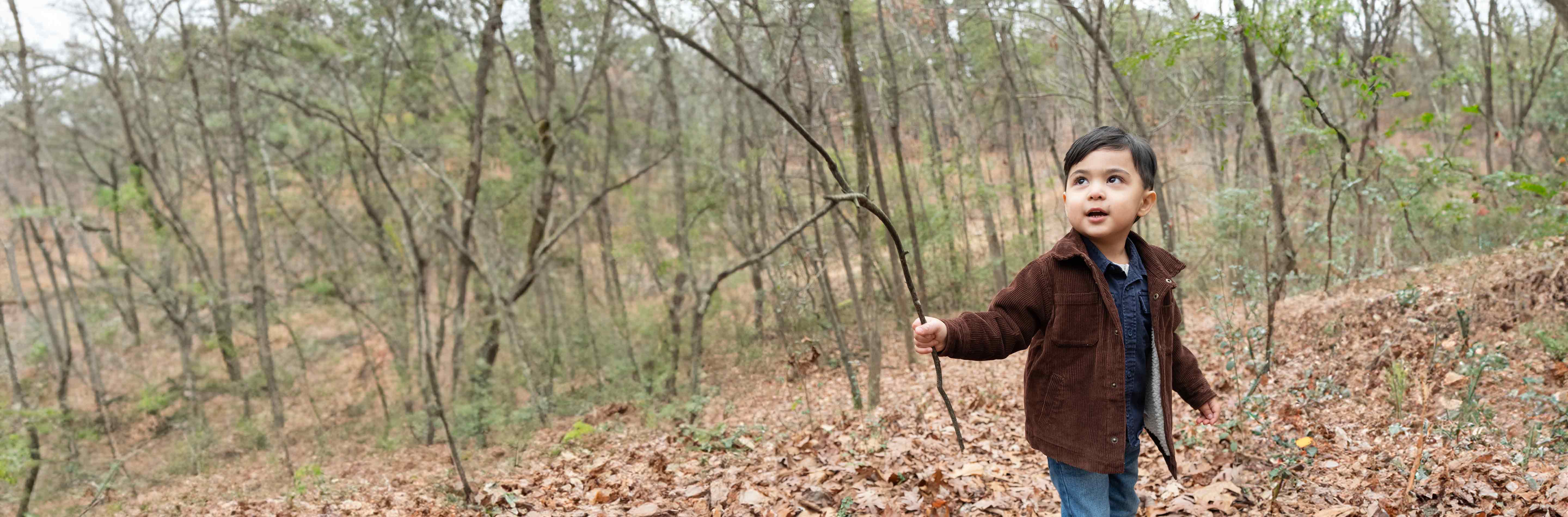 Toddler boy outside playing with a stick in the woods.