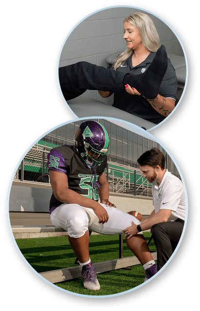 Photos of athletic trainer and football players.