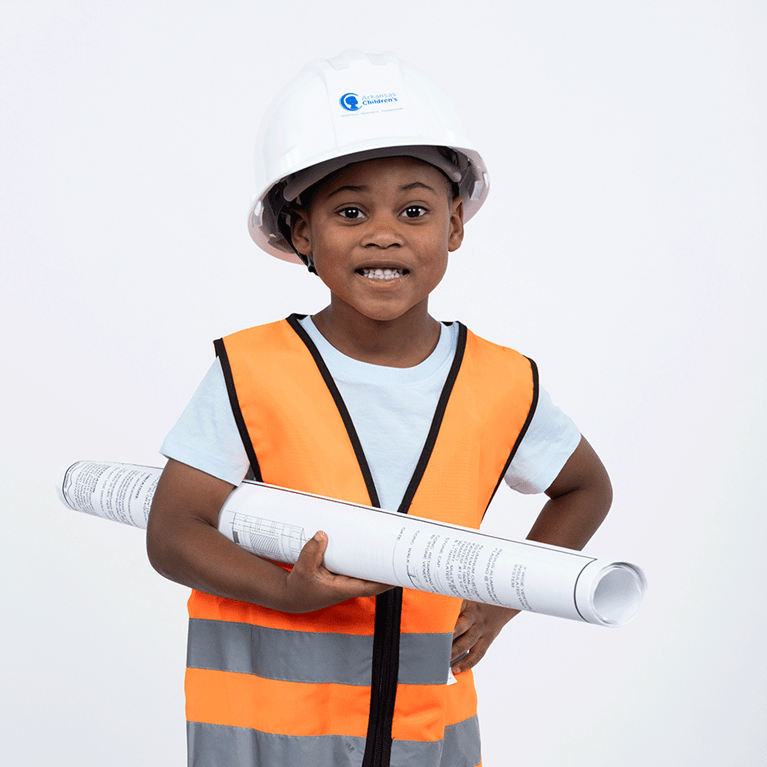 ACH Patient Keller Locke in construction gear.