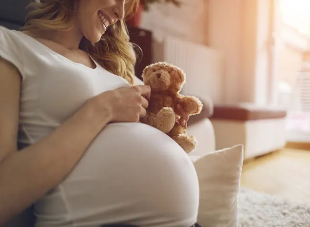 Pregnant woman with small teddy bear