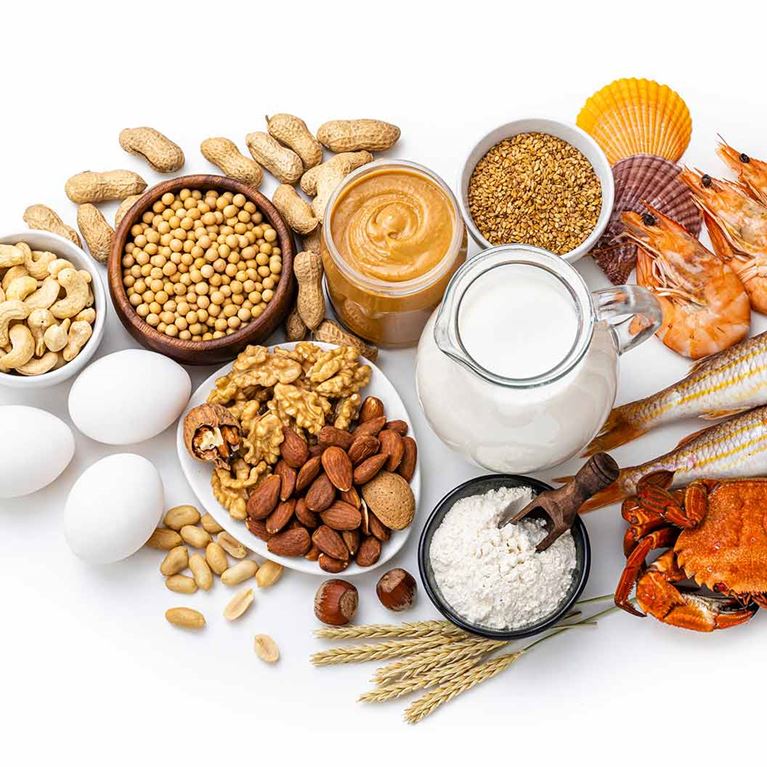 Image of peanuts, milk, eggs, nuts and wheat.