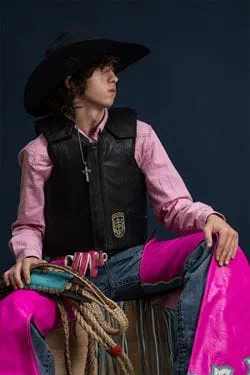 Arkansas Children's teenage ENT patient wearing bullrider gear.